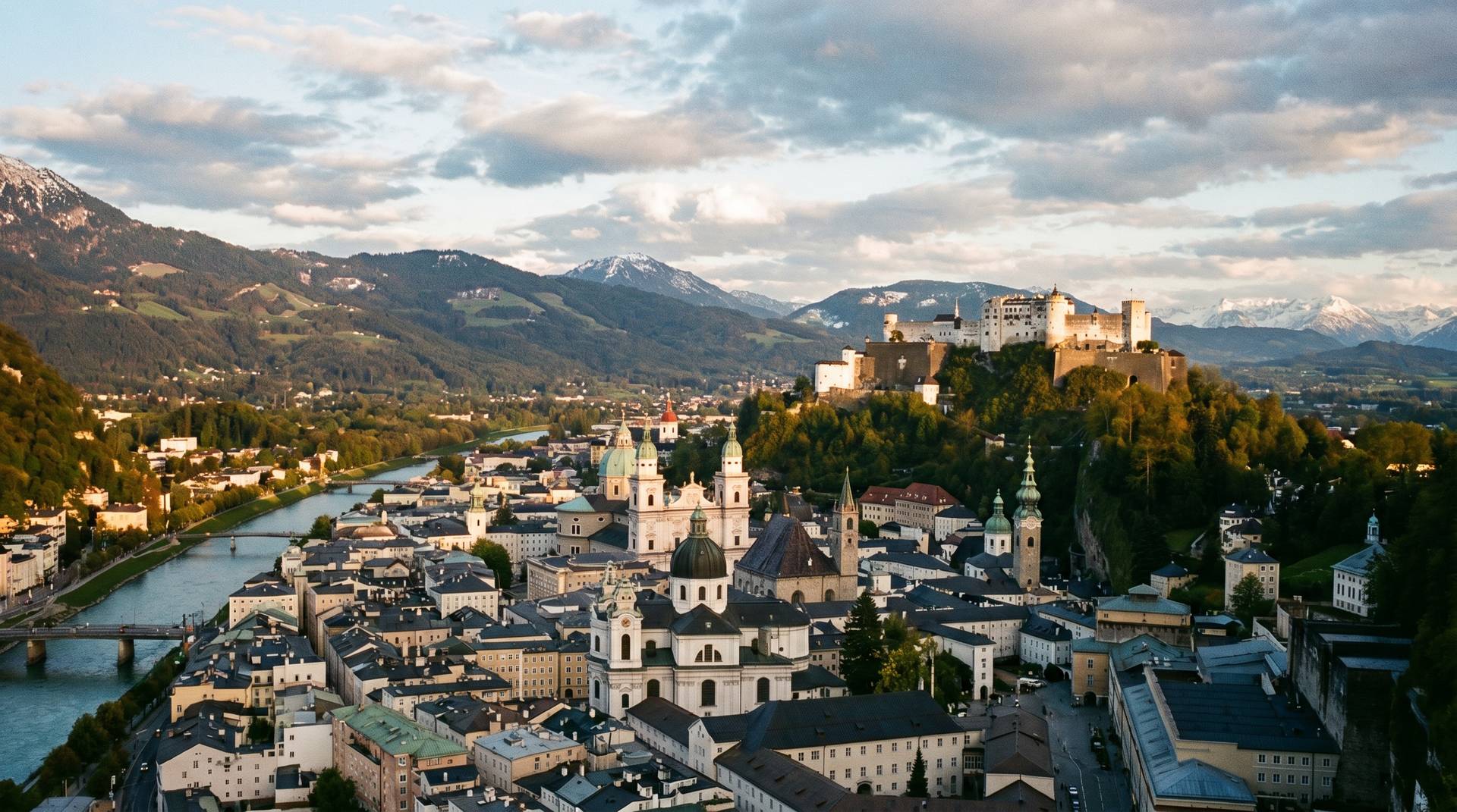 Panoramic view of Salzburg with fortress on hilltop